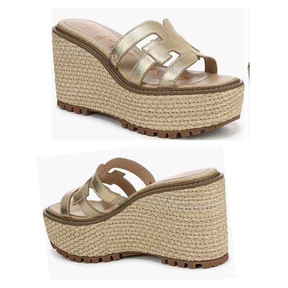 Sam Edelman Laine Gold Platform Wedge Sandal – Leather Logo Straps size 7 - Picture 7 of 8